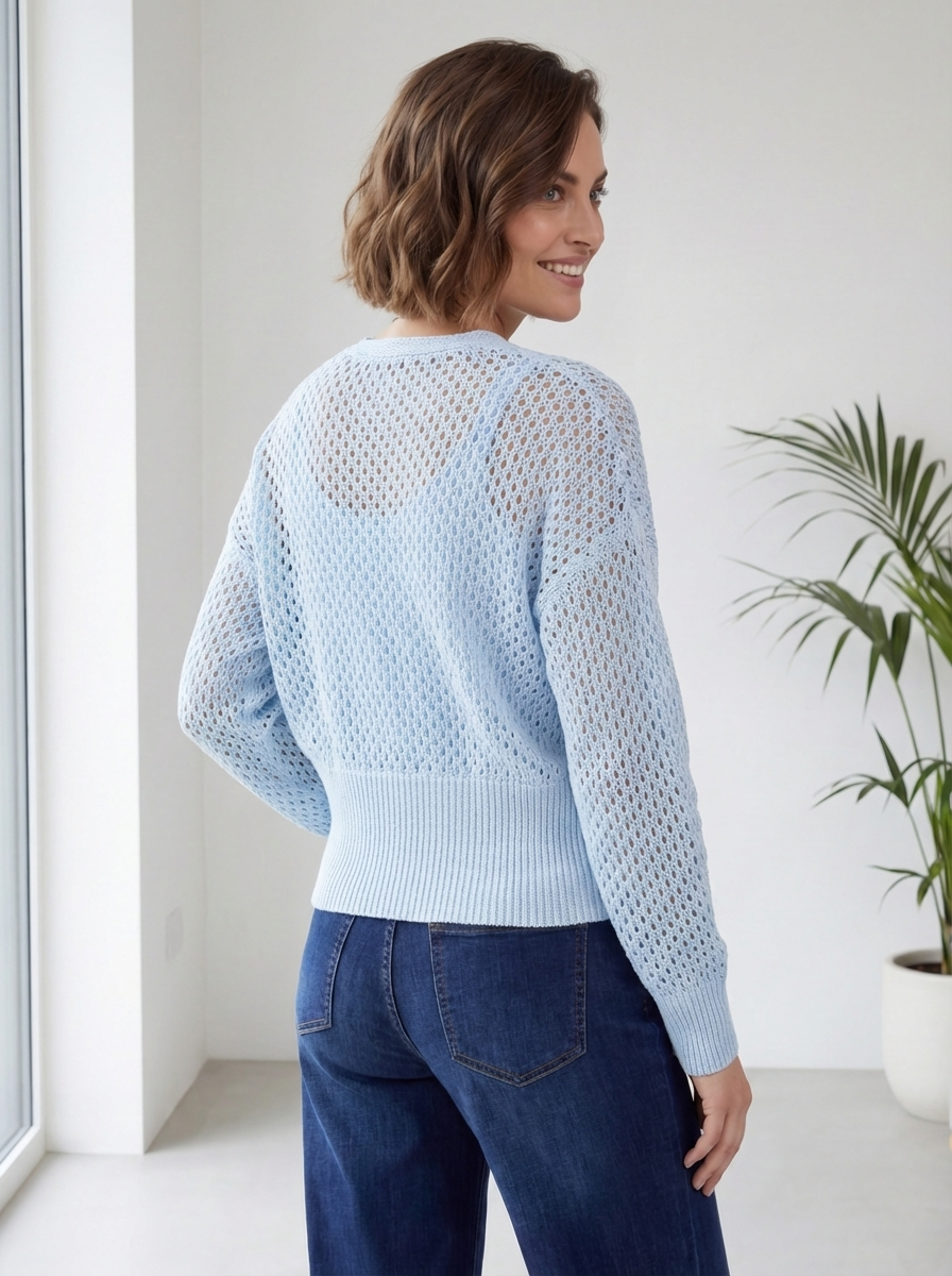 "MICHELLE” Short Crochet Knit Cardigan / Top - Sky blue