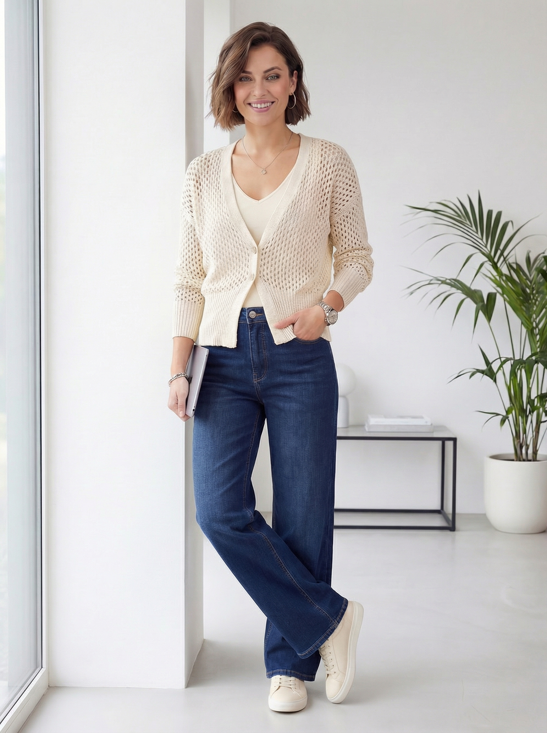 "MICHELLE” Short Crochet Knit Cardigan / Top - Cream