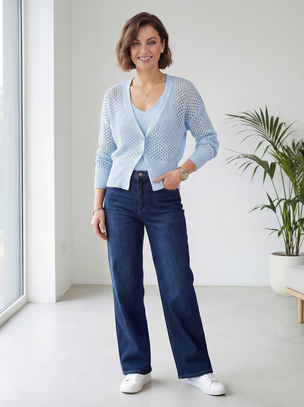 "MICHELLE” Short Crochet Knit Cardigan / Top - Sky Blue