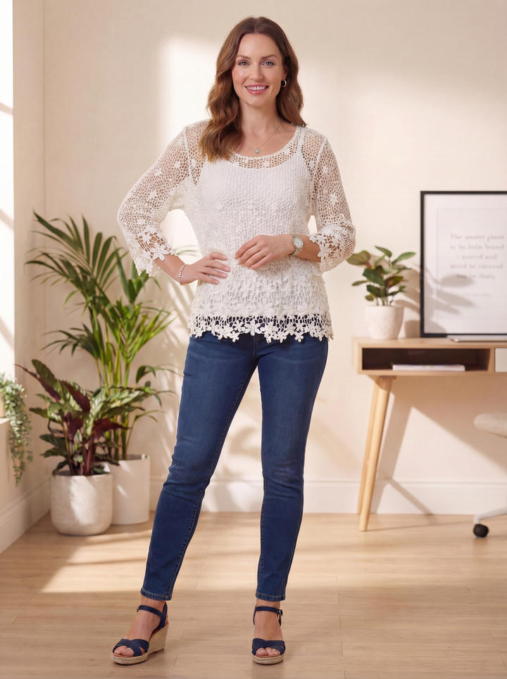 "JOYCE” Crochet Fine Knit Top - White