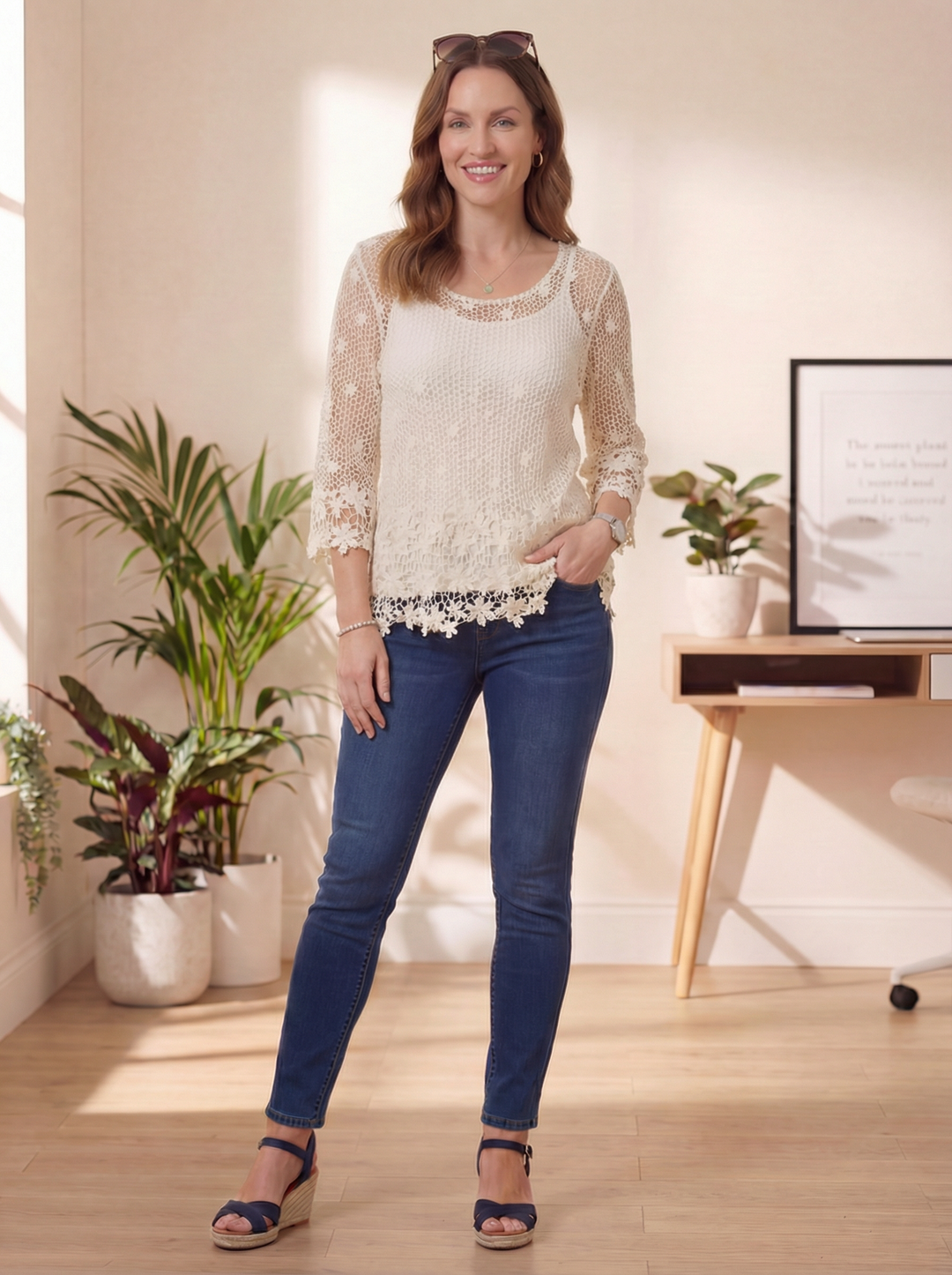 "JOYCE” Crochet Fine Knit Top - Cream