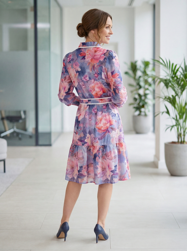 "LAUREN” Premium Floral Dress - Cerise / Blue