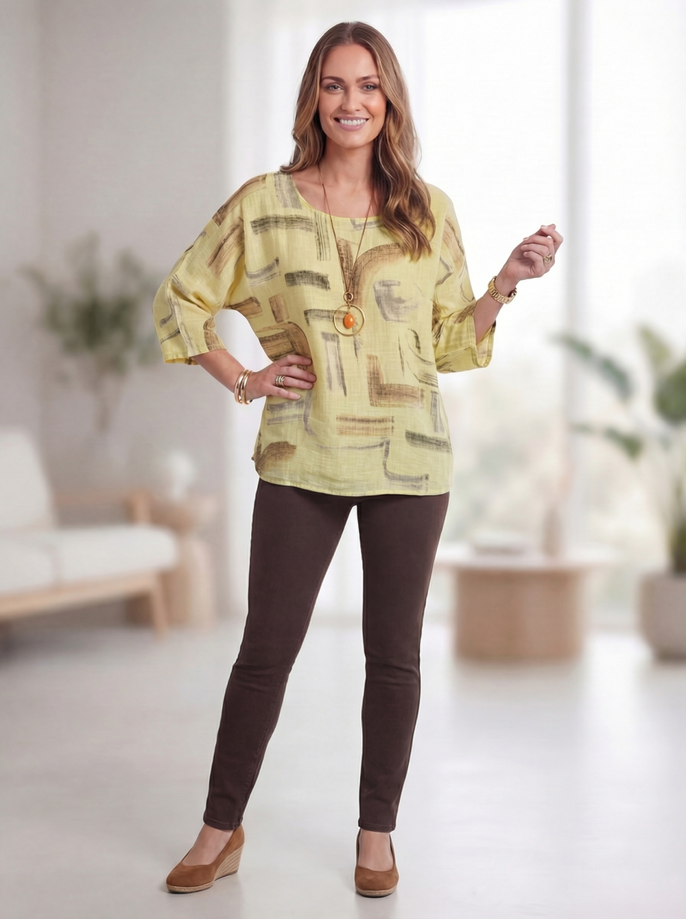 "BRIDGET” Pattern Cotton Top Relaxed Fit - Lemon