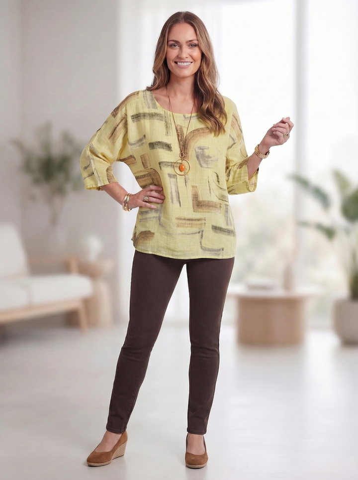 "BRIDGET” Pattern Cotton Top Relaxed Fit - Lemon