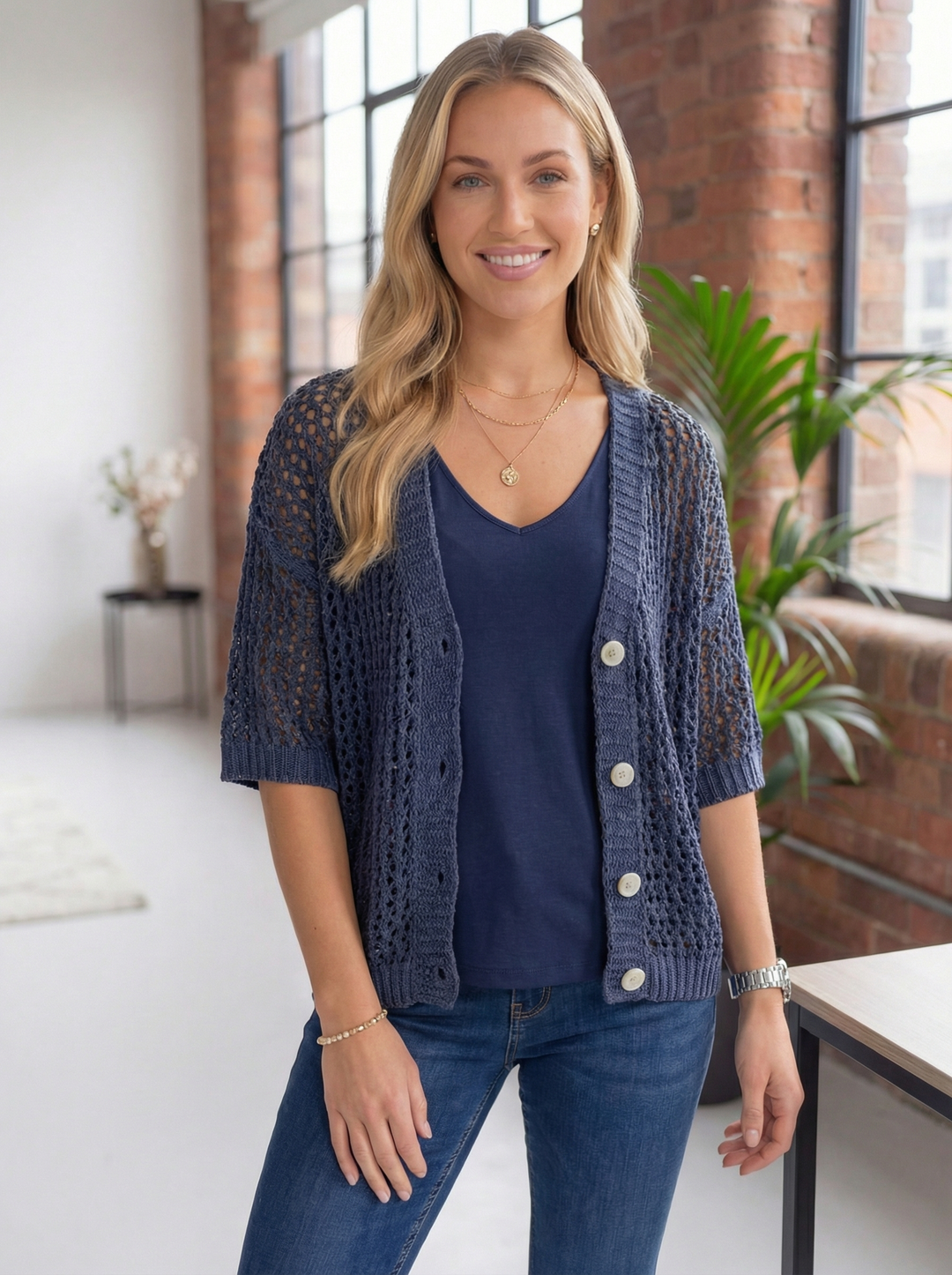 “LUCY”  Relaxed Fit Knit Cardigan/Top - Navy