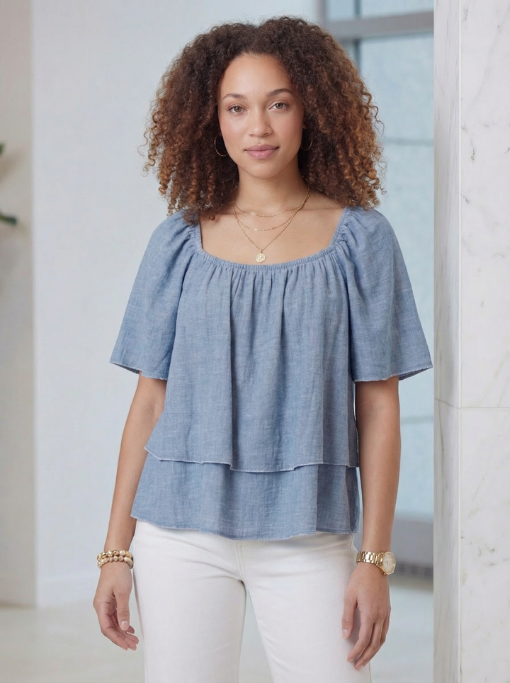 "DINA” Cotton Bordeoux Top - Denim Blue