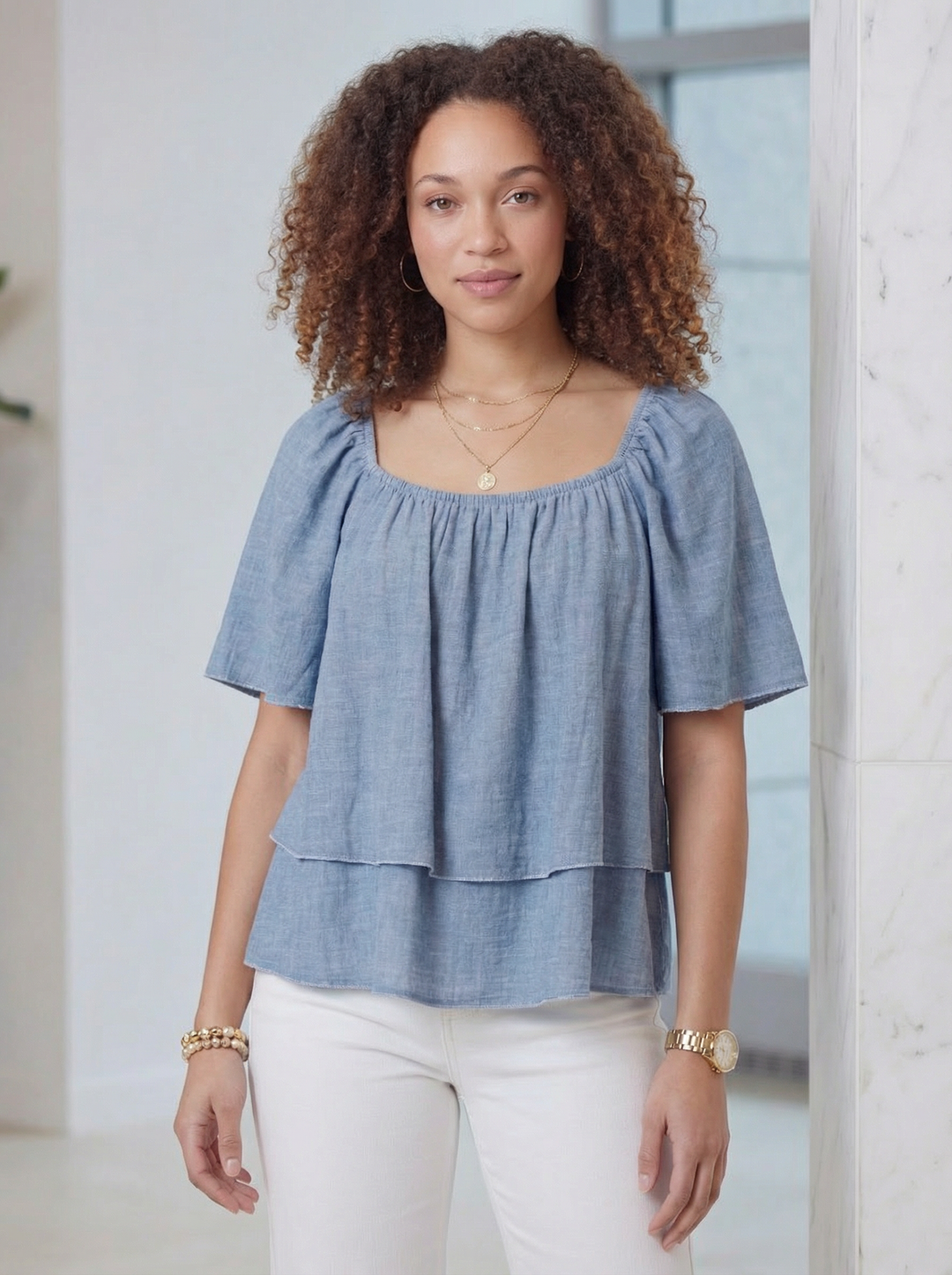 "DINA” Cotton Bordeoux Top - Denim