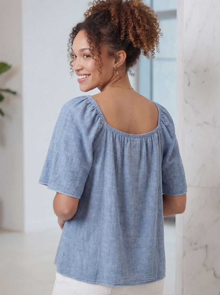 "DINA” Cotton Bordeoux Top - Denim Blue