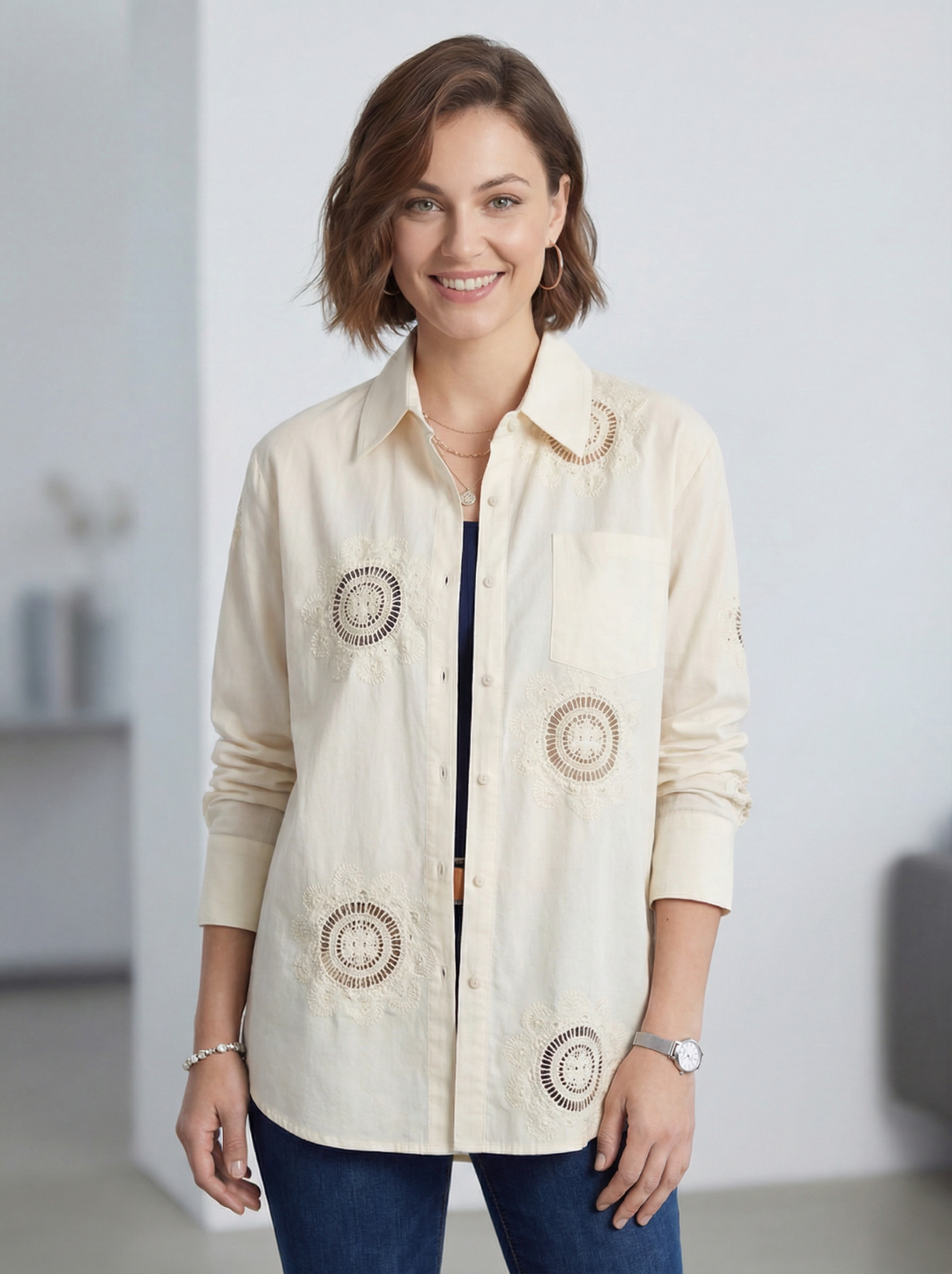 "ROSIE” Broiderie Design Shirt - Cream