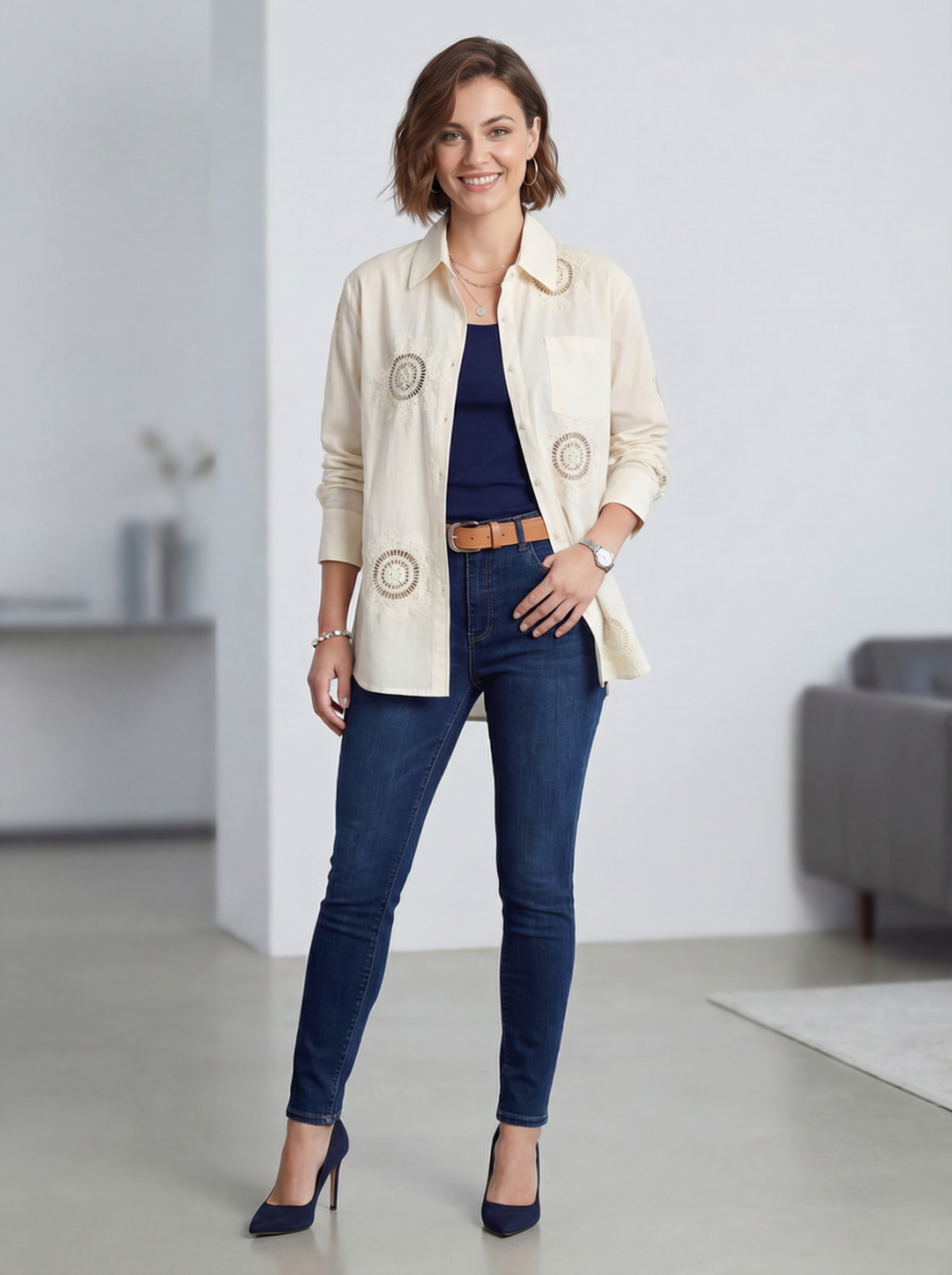 "ROSIE” Broiderie Design Shirt - Cream