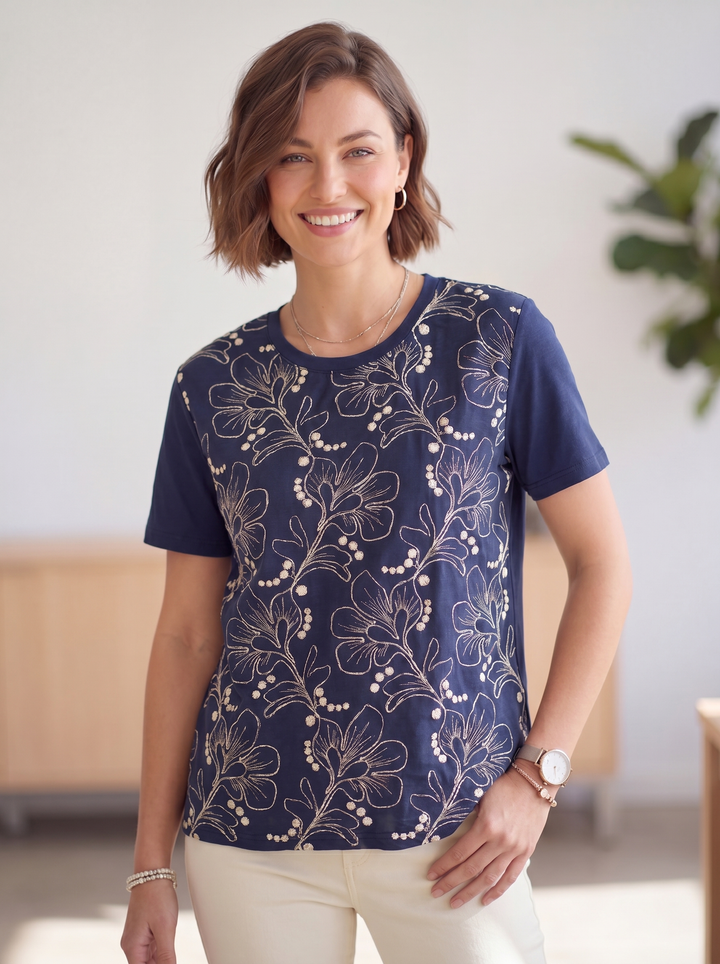 “EVIE” Brioderie T-Shirt - navy