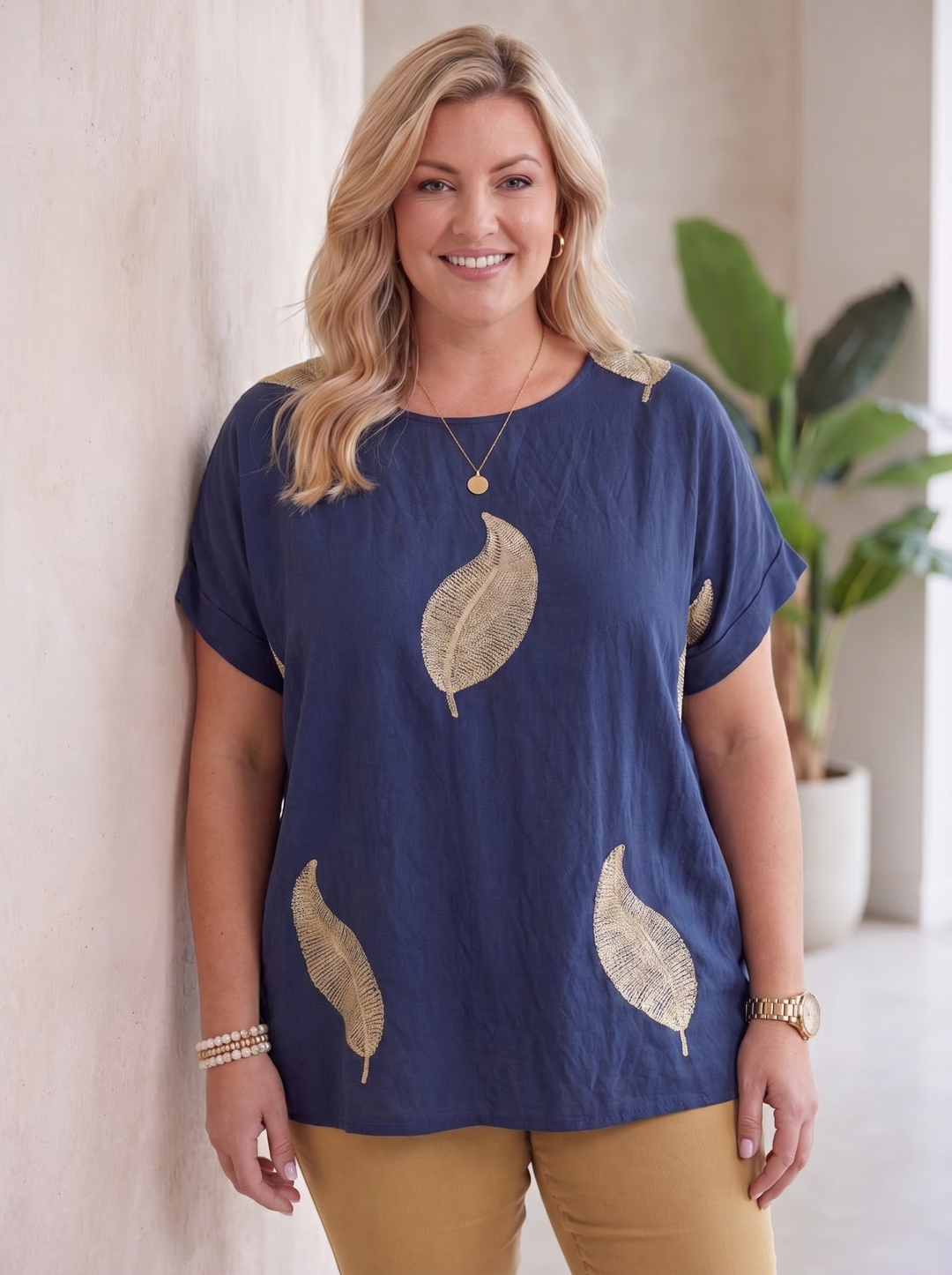 “JADA” Gold Leaf Print Top - Navy