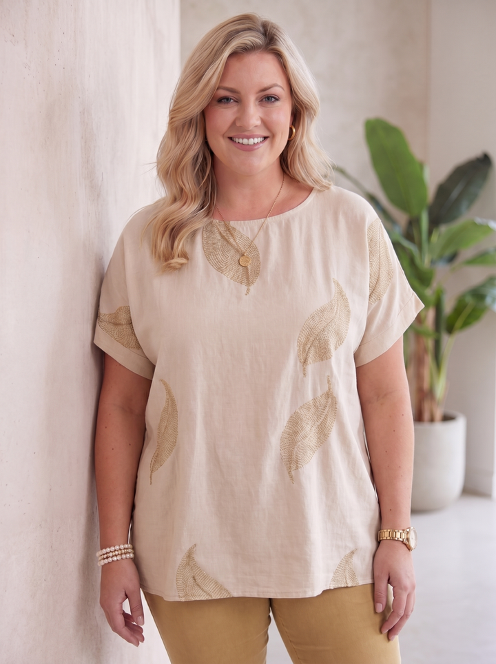 “JADA” Gold Leaf Print Top - Cream