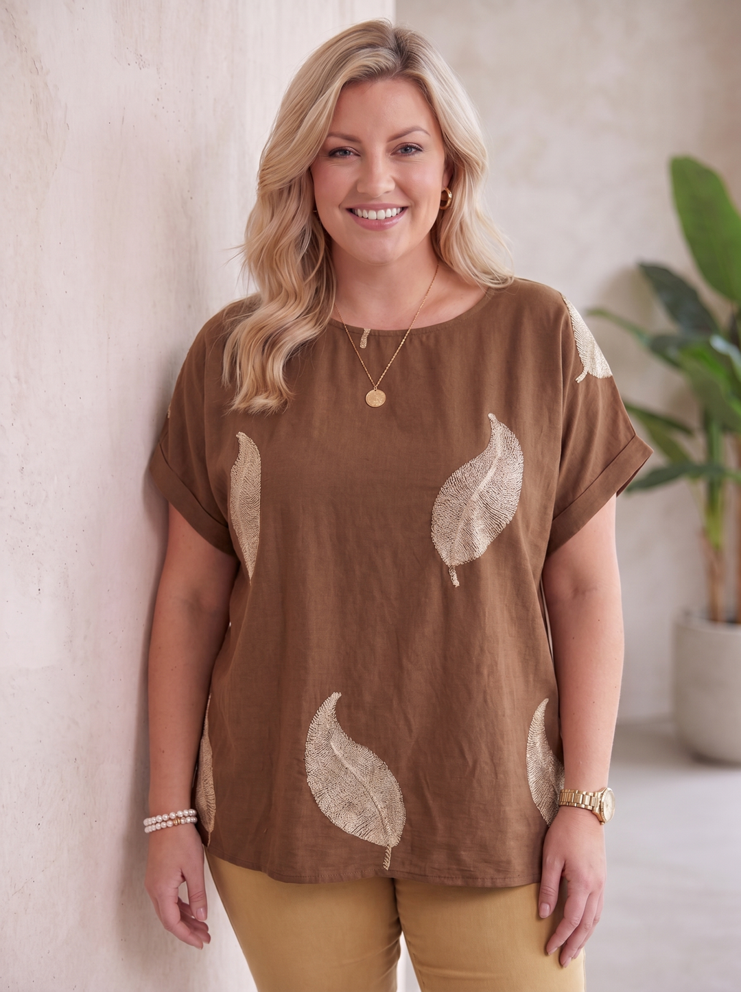“JADA” Gold Leaf Print Top - Brown