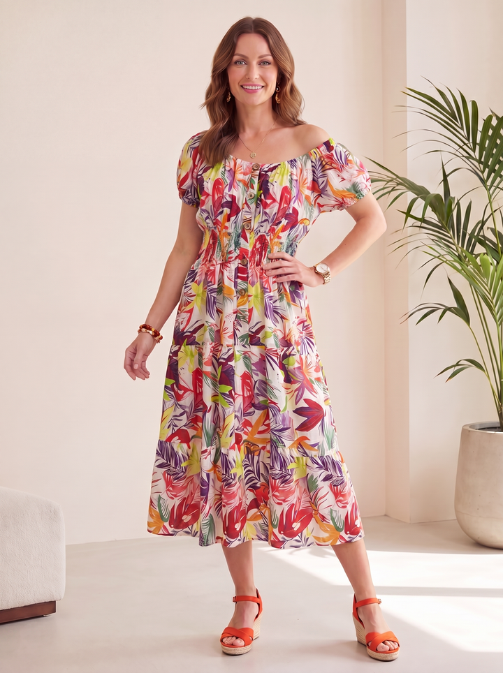 “MELANIE” Bardeoux Midi Dress - tropical