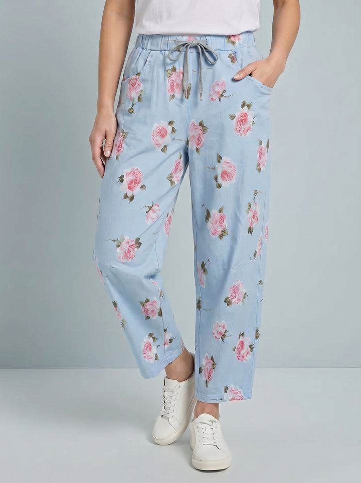 “ANGELA” Canvas Barrel Trouser - Floral Print