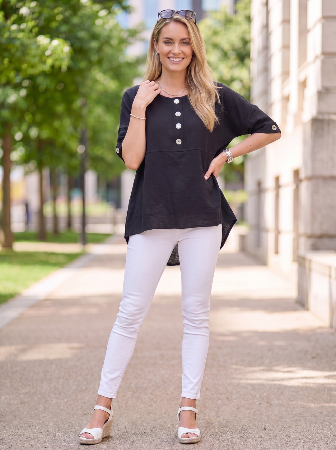“ALEXIS”  Relaxed Fit Cotton Top With Button Detail
