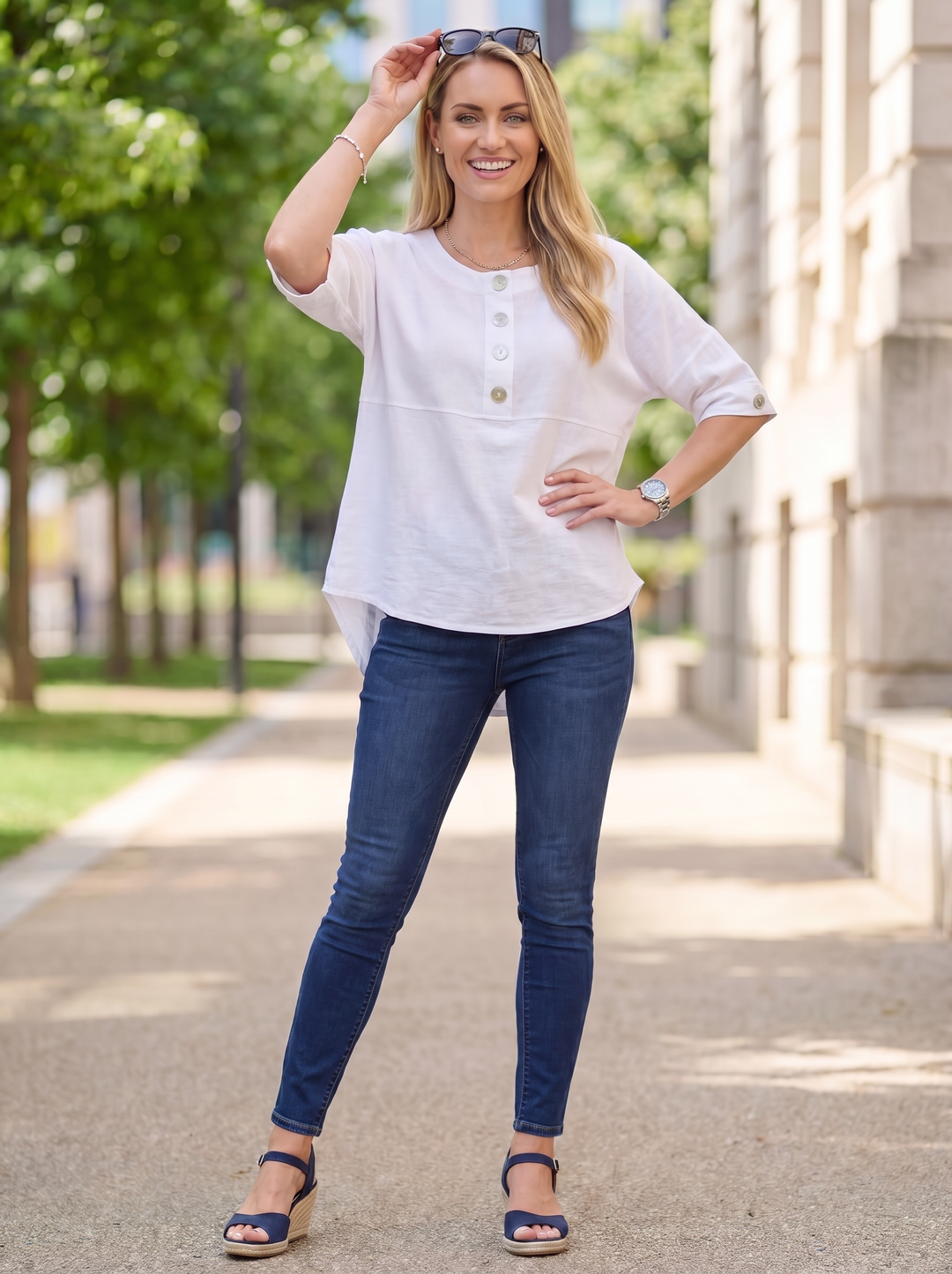 “ALEXIS”  Relaxed Fit Cotton Top With Button Detail