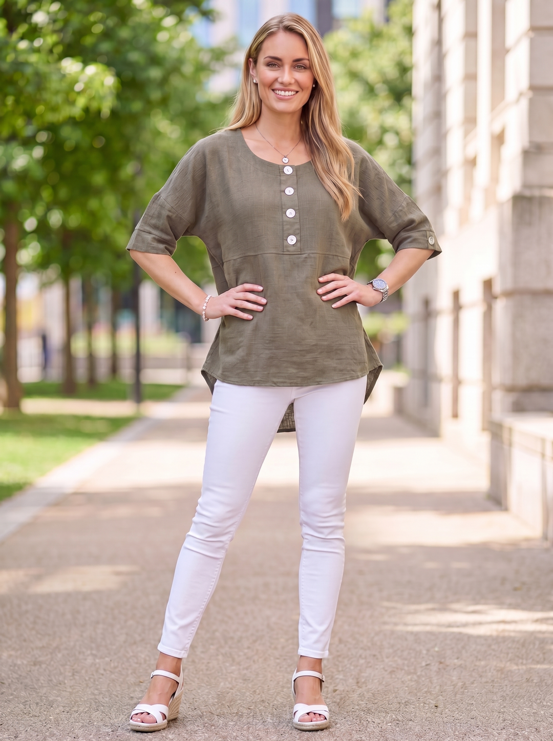 “ALEXIS”  Relaxed Fit Cotton Top With Button Detail
