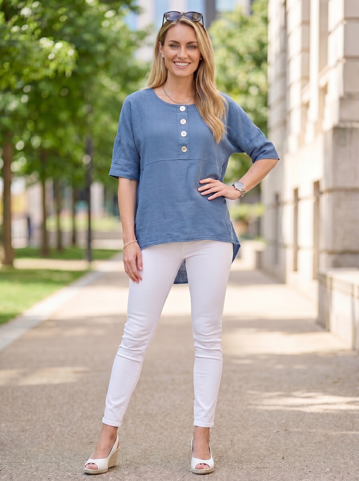 “ALEXIS”  Relaxed Fit Cotton Top With Button Detail
