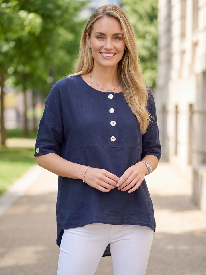 “ALEXIS”  Relaxed Fit Cotton Top With Button Detail - navy