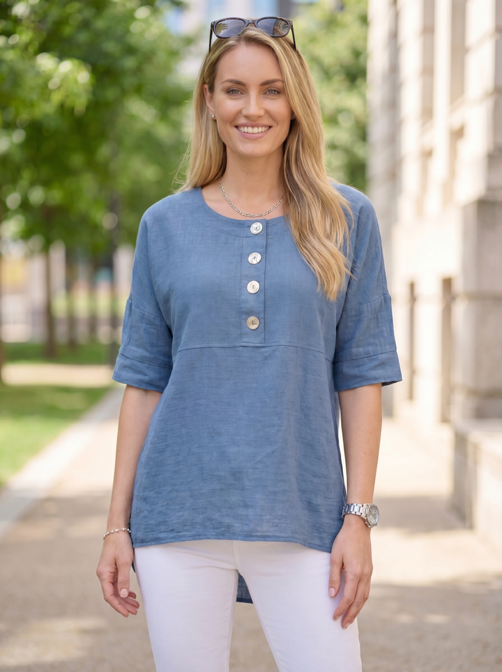“ALEXIS”  Relaxed Fit Cotton Top With Button Detail - Denim