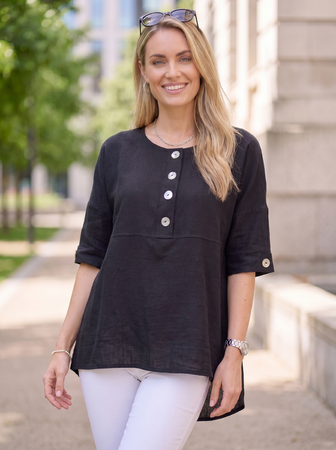 “ALEXIS”  Relaxed Fit Cotton Top With Button Detail - black