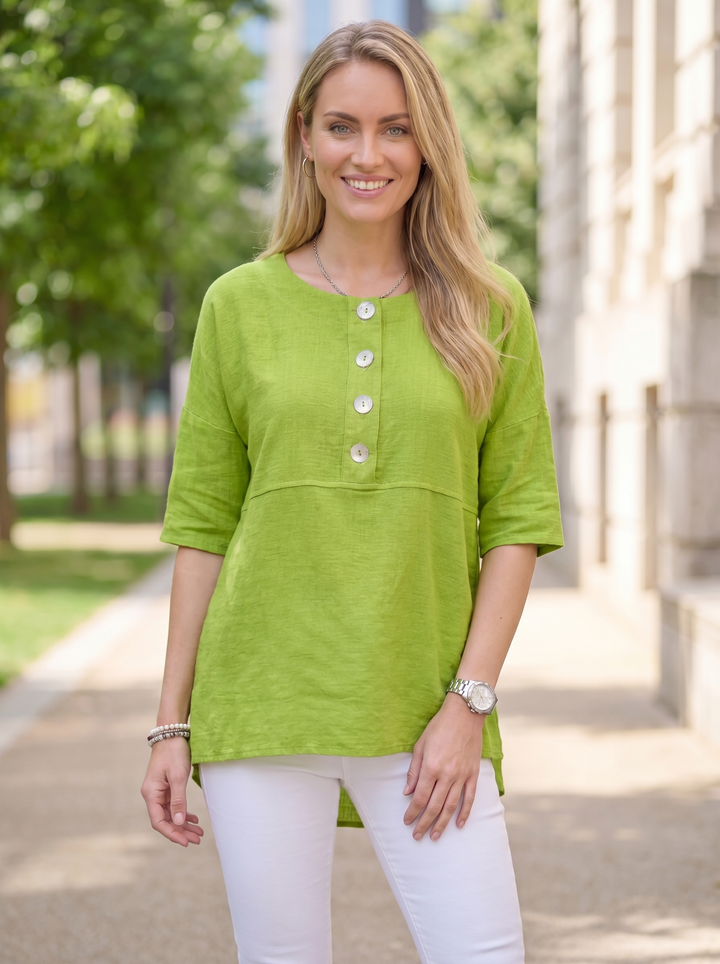 “ALEXIS”  Relaxed Fit Cotton Top With Button Detail - lime green
