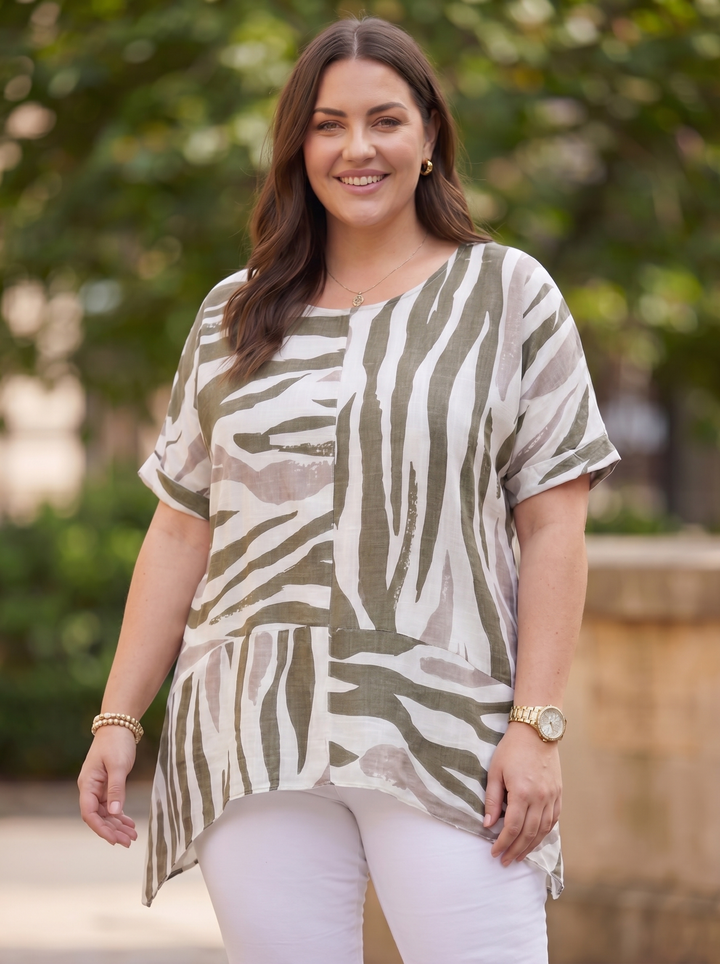 “BAILEY” Zebra Print Cotton Top - khaki