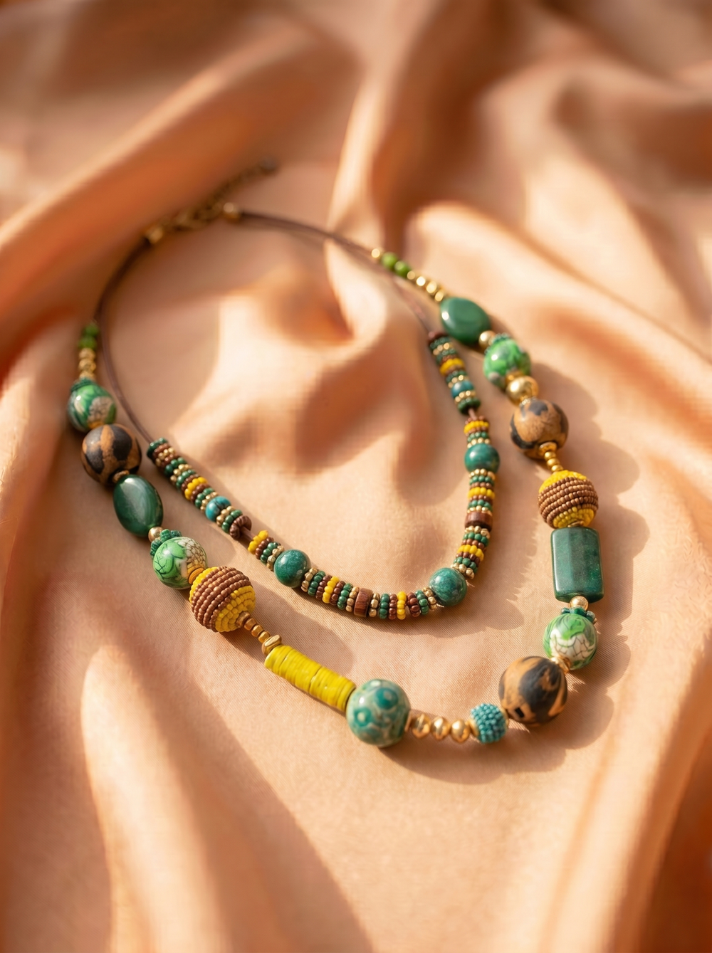 Tribal Beaded Necklace - Green Ochre Tones