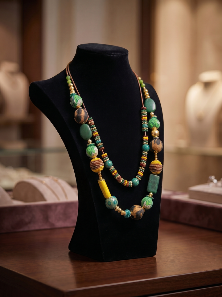 Tribal Beaded Necklace - Green Ochre Tones