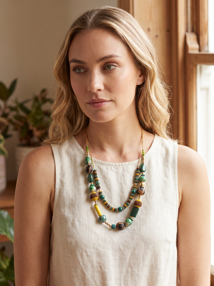 Tribal Beaded Necklace - Green Ochre Tones