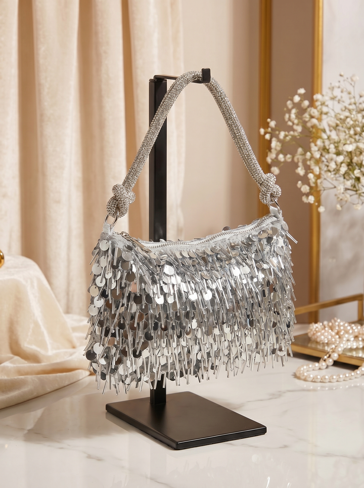 “ROMA Luxe” Luxury Sequin Tassel Evening Bag - Silver