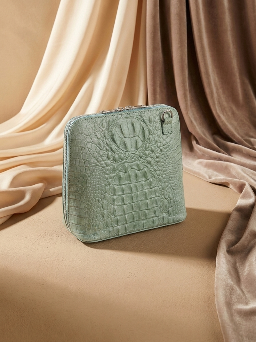 “LISBON LUXE” MADE IN ITALY Croc-Embossed Leather Handbag - mint