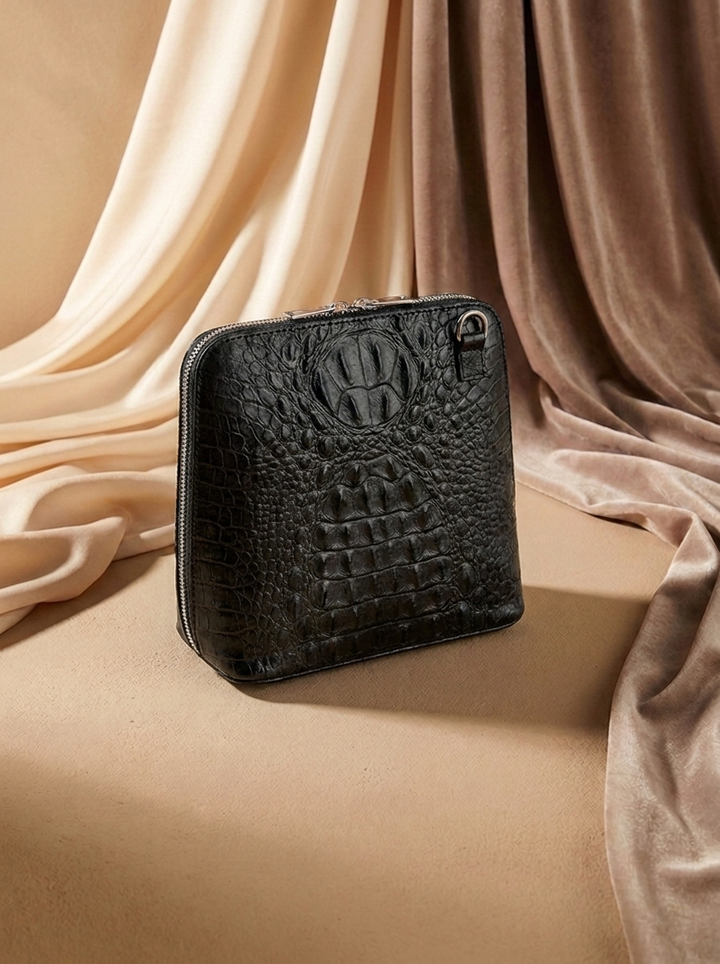 “LISBON LUXE” MADE IN ITALY Croc-Embossed Leather Handbag
