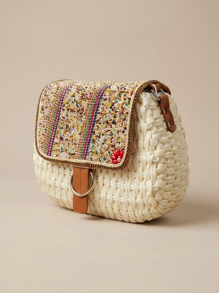 “PORTO LUXE” Woven Straw Crossbody Bag cream v2