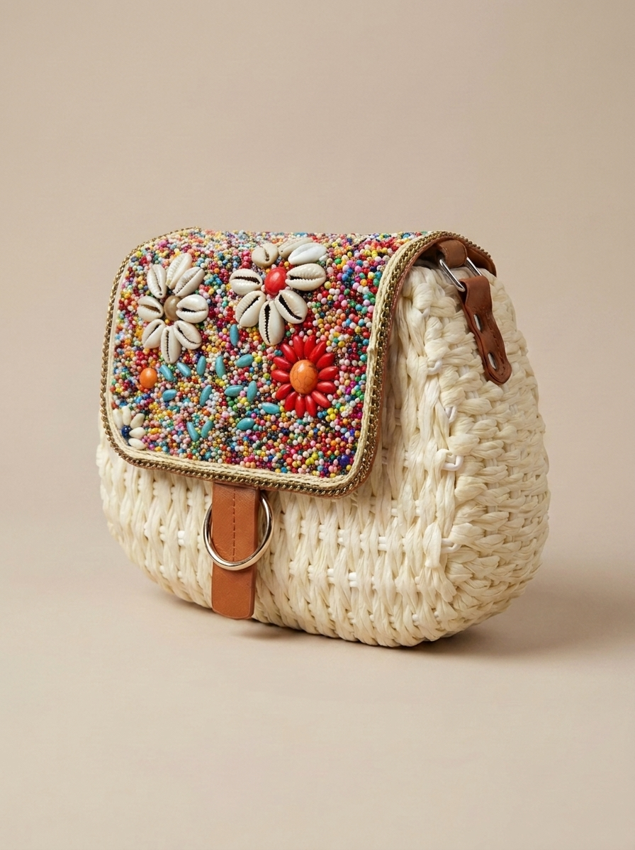 “PORTO LUXE” Woven Straw Crossbody Bag 