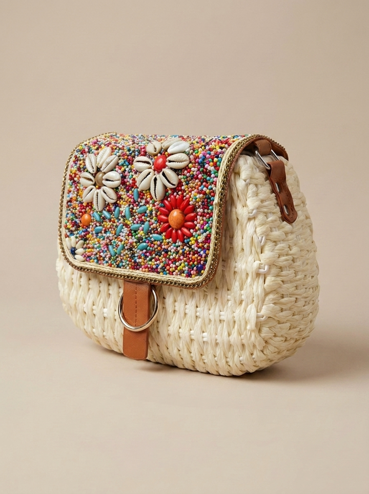 “PORTO LUXE” Woven Straw Crossbody Bag 