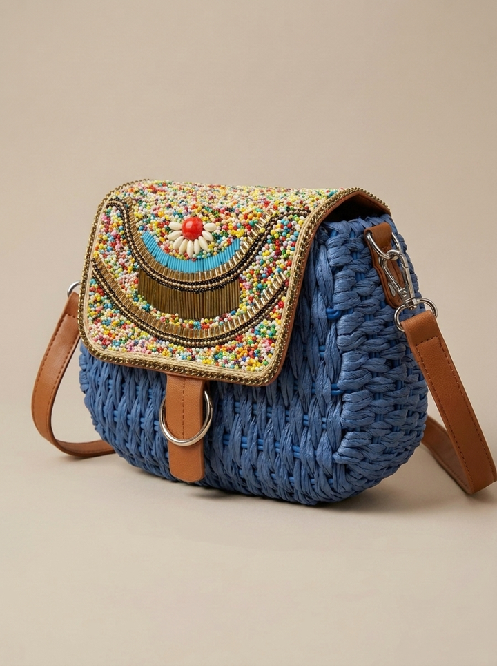“PORTO LUXE” Woven Straw Crossbody Bag denim blue