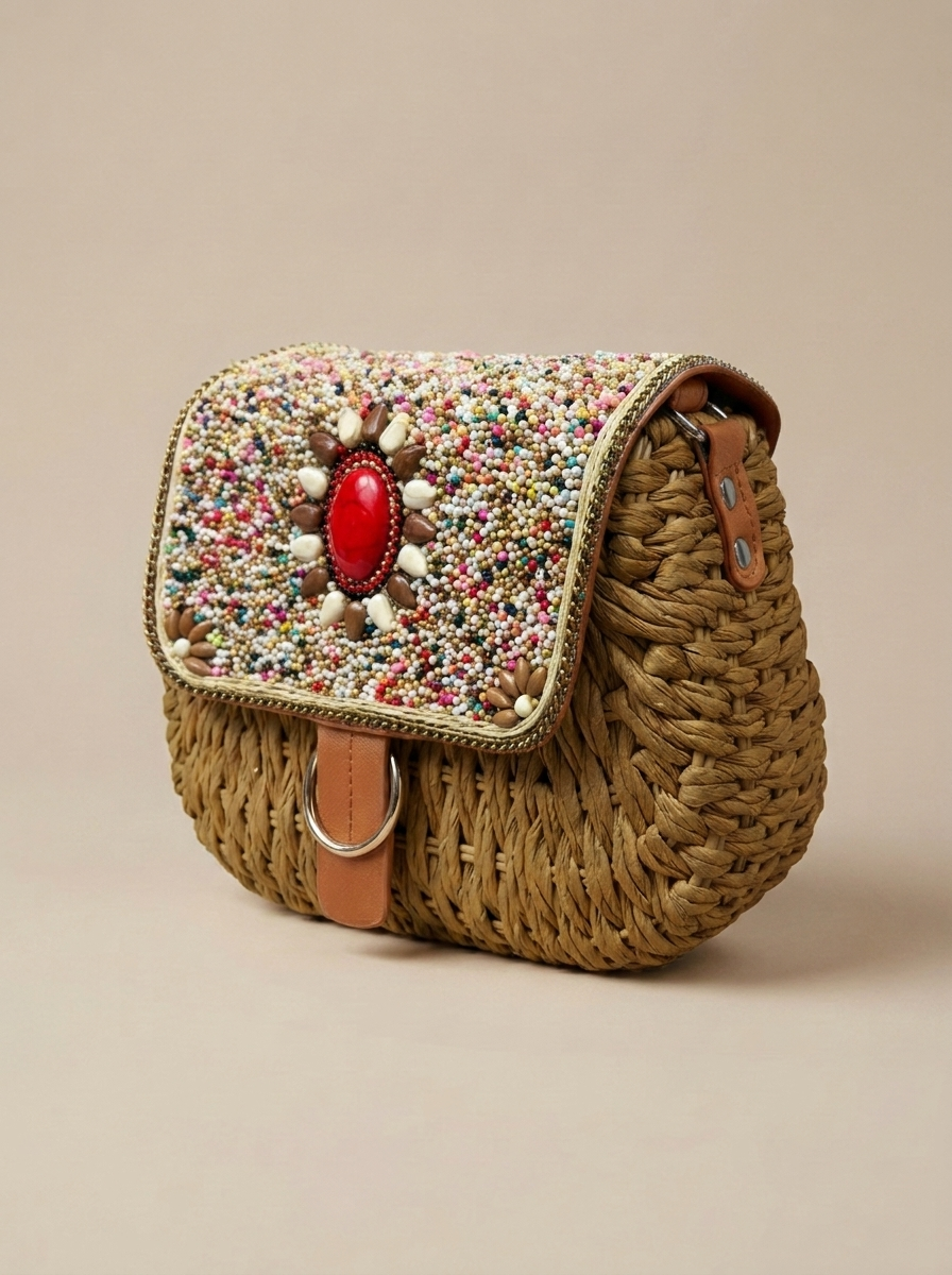 “PORTO LUXE” Woven Straw Crossbody Bag tan