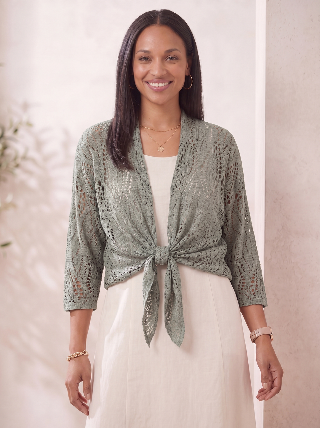 “RONNIE” Crochet Tie Front Bolero / Shrug - green