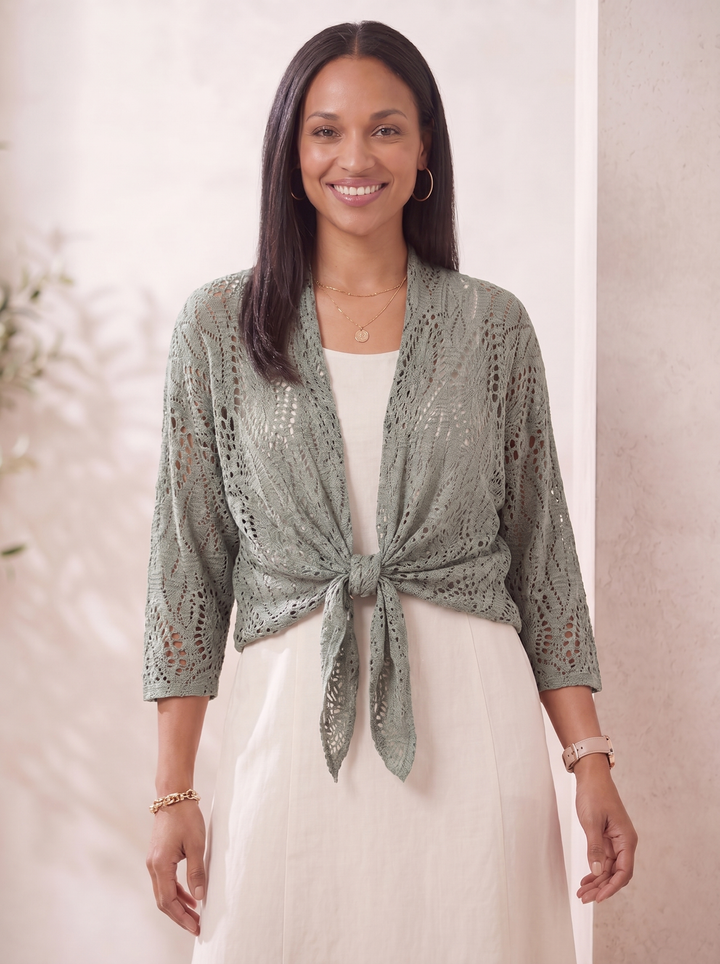 “RONNIE” Crochet Tie Front Bolero / Shrug - green