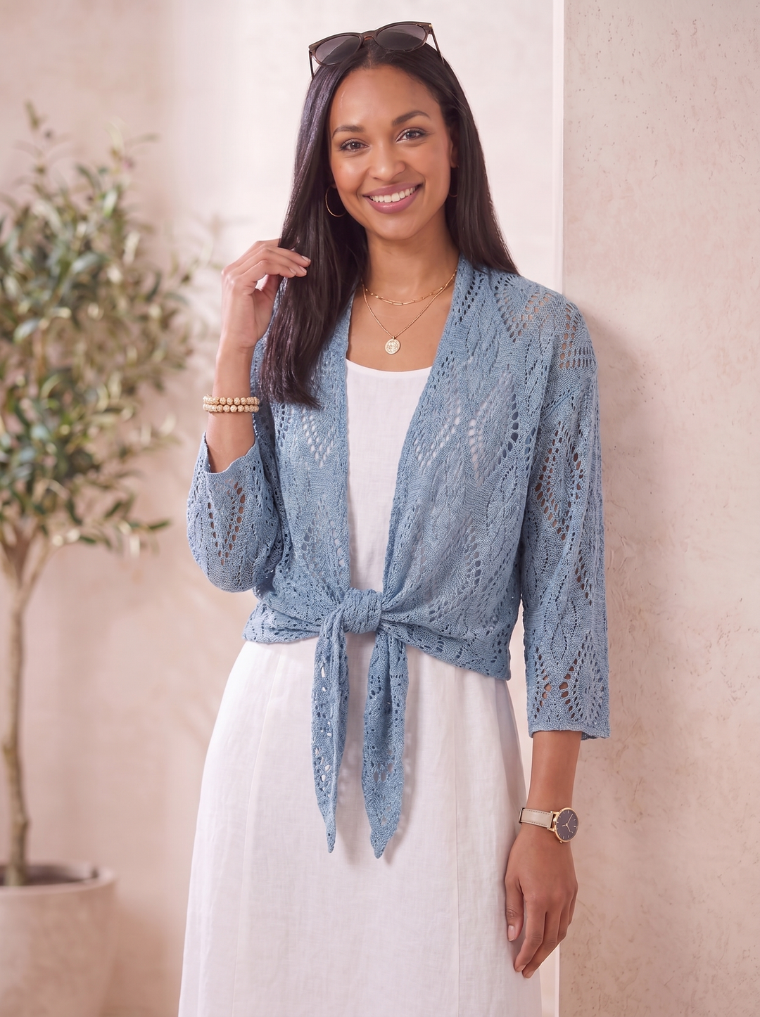 “RONNIE” Crochet Tie Front Bolero / Shrug denim