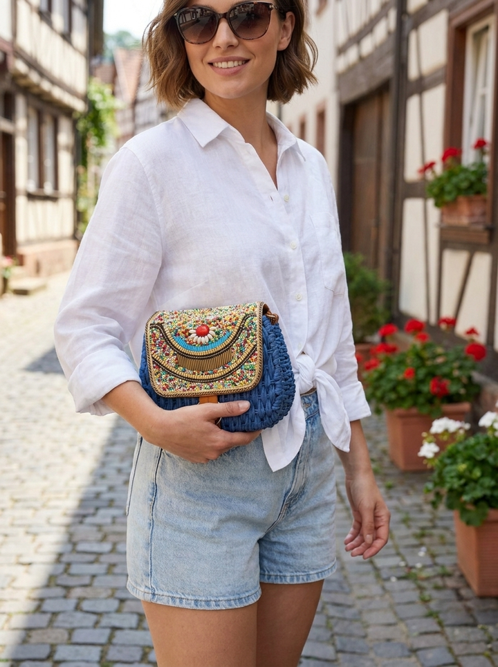 “PORTO LUXE” Woven Straw Crossbody Bag denim blue