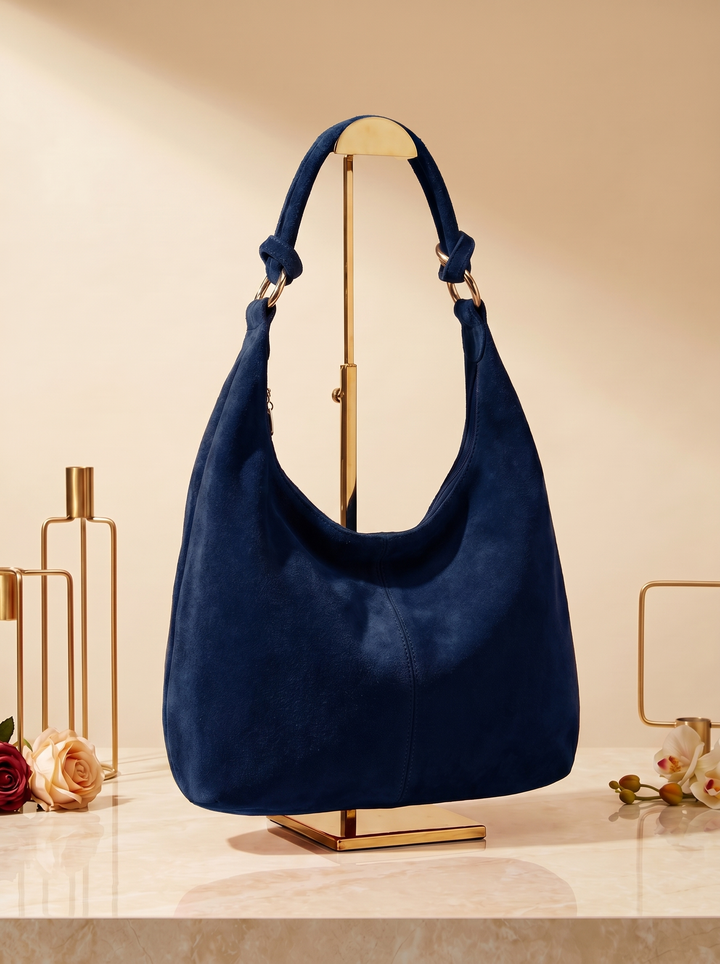 “MONACO Collection” MADE IN ITALY Suede Leather Shoulder Handbag navy