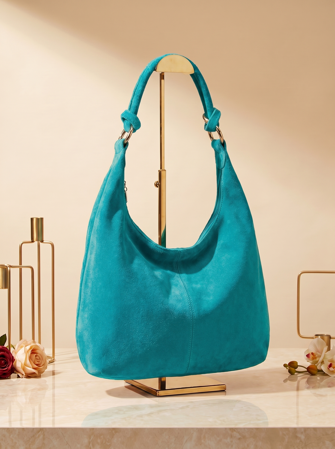 “MONACO Collection” MADE IN ITALY Suede Leather Shoulder Handbag turquoise