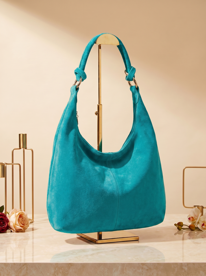 “MONACO Collection” MADE IN ITALY Suede Leather Shoulder Handbag turquoise