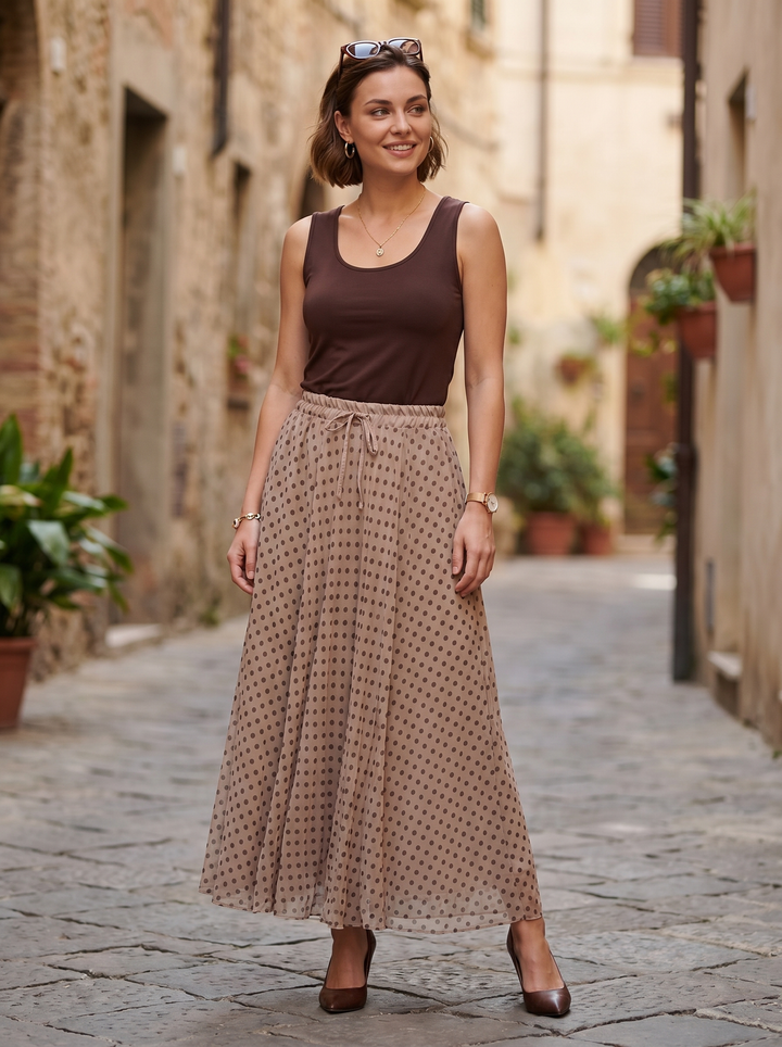 “ALEXA” Polka Dot Mesh Skirt - chocolate