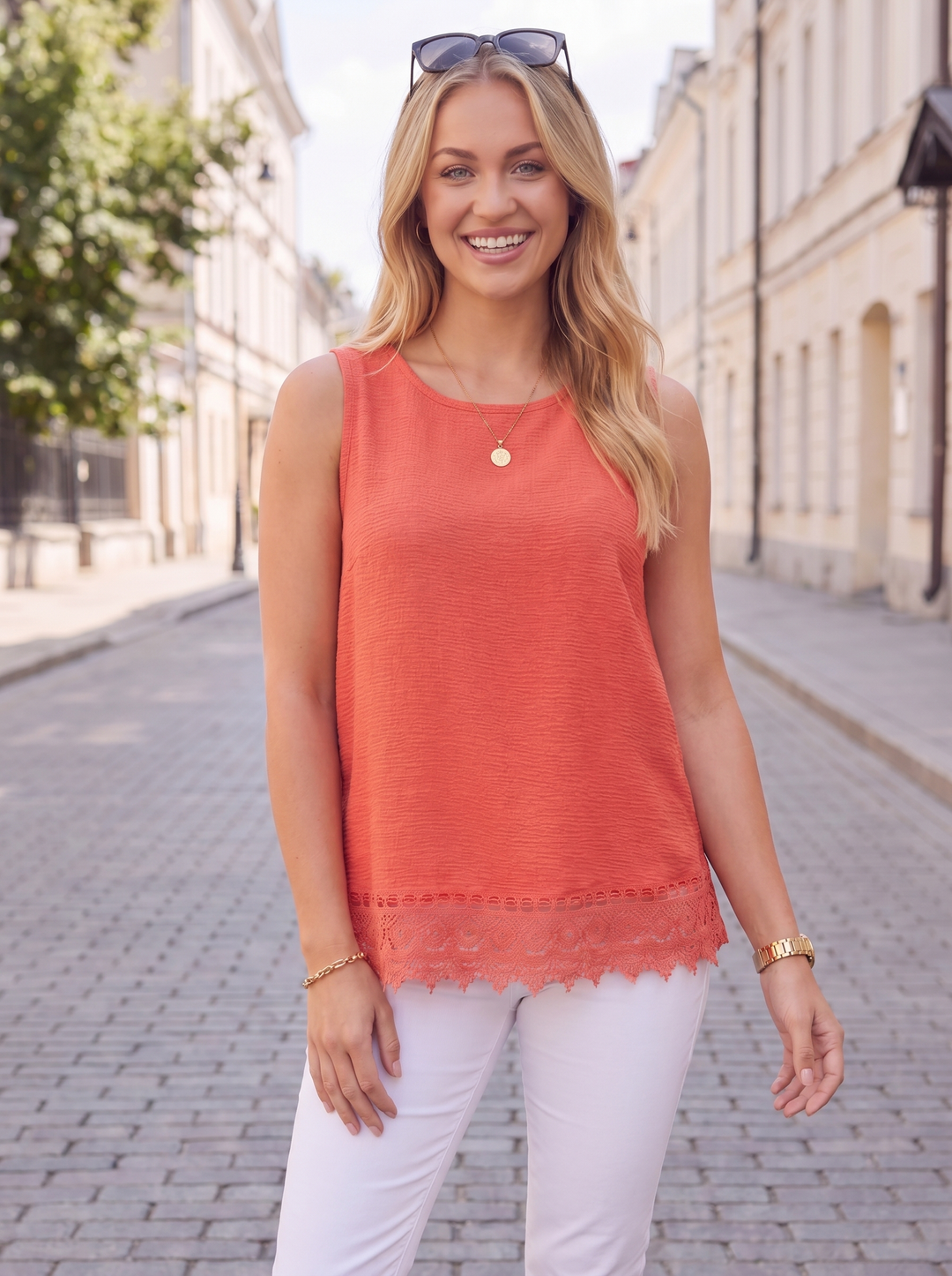“BIANCA” Sleeveless Lace Hem Tunic Top coral