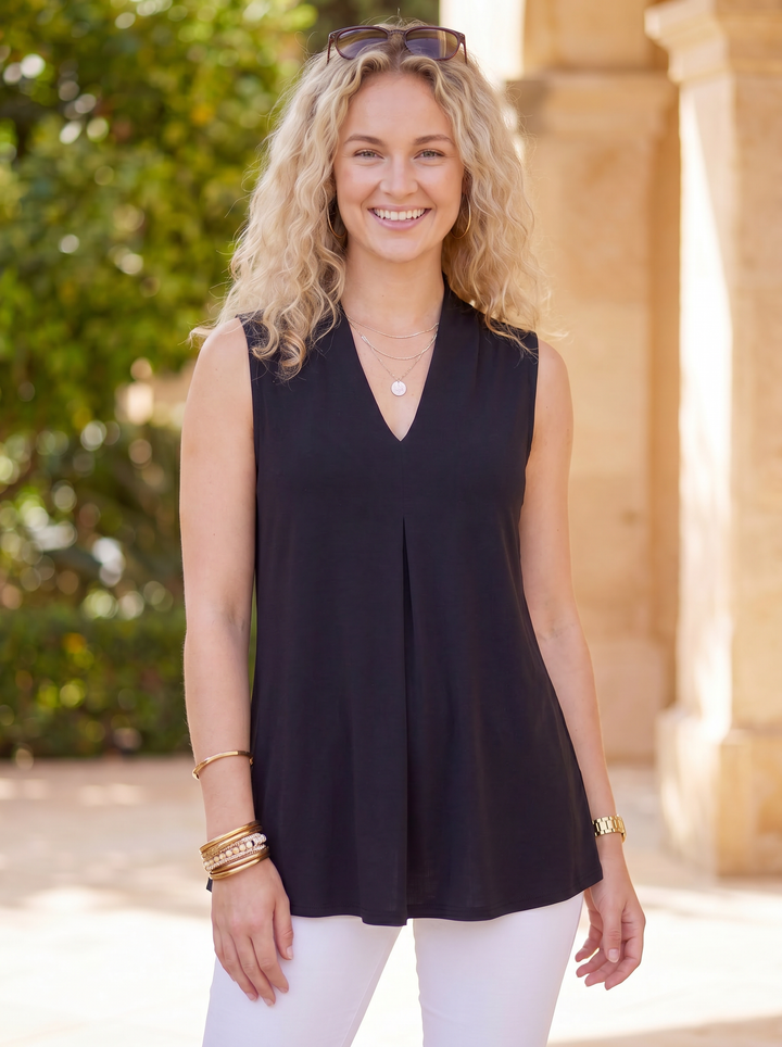 “KELLY” Pleat Front Sleeveless Top black